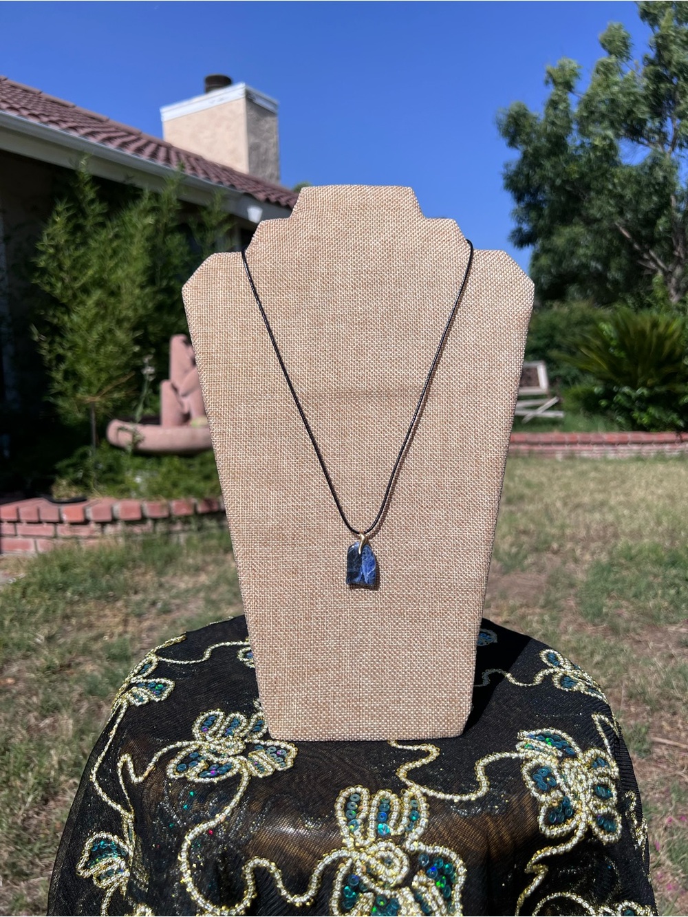 Blue Stone Pendant Necklace on Black Leather - Women Jewelry